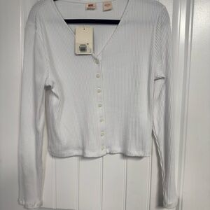 Levi's White Ribbed V‑Neck Button-Front Long Sleeve Top